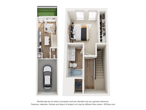Floor plan for 1 bed, 1.5 baths, 692 sqft